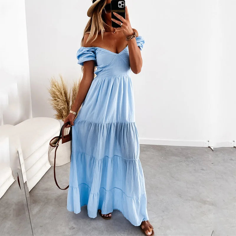 Casual Puff Sleeve Long Dress Womens