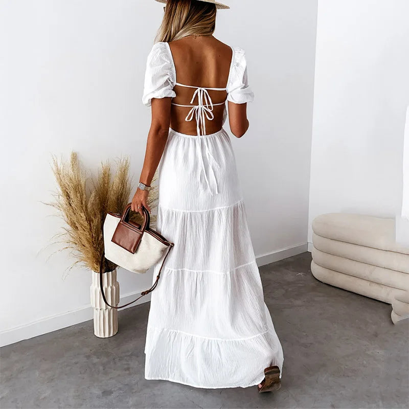 Casual Puff Sleeve Long Dress Womens