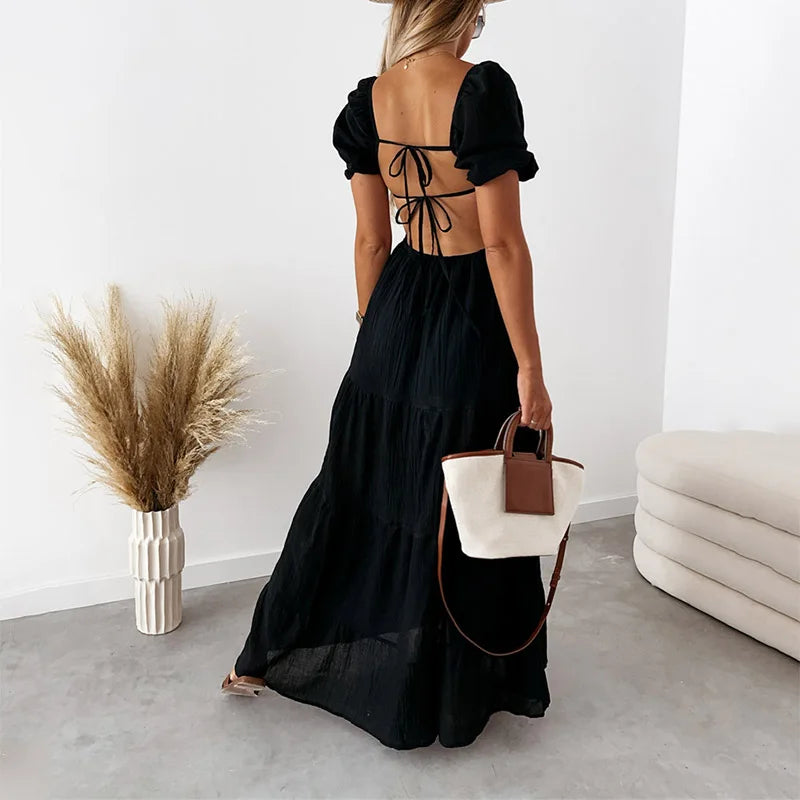 Casual Puff Sleeve Long Dress Womens