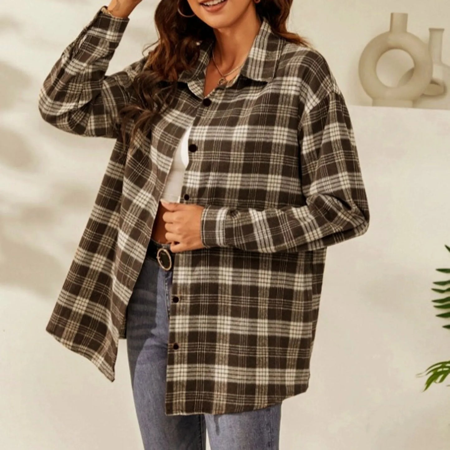 Oversized Long Plaid Shirt