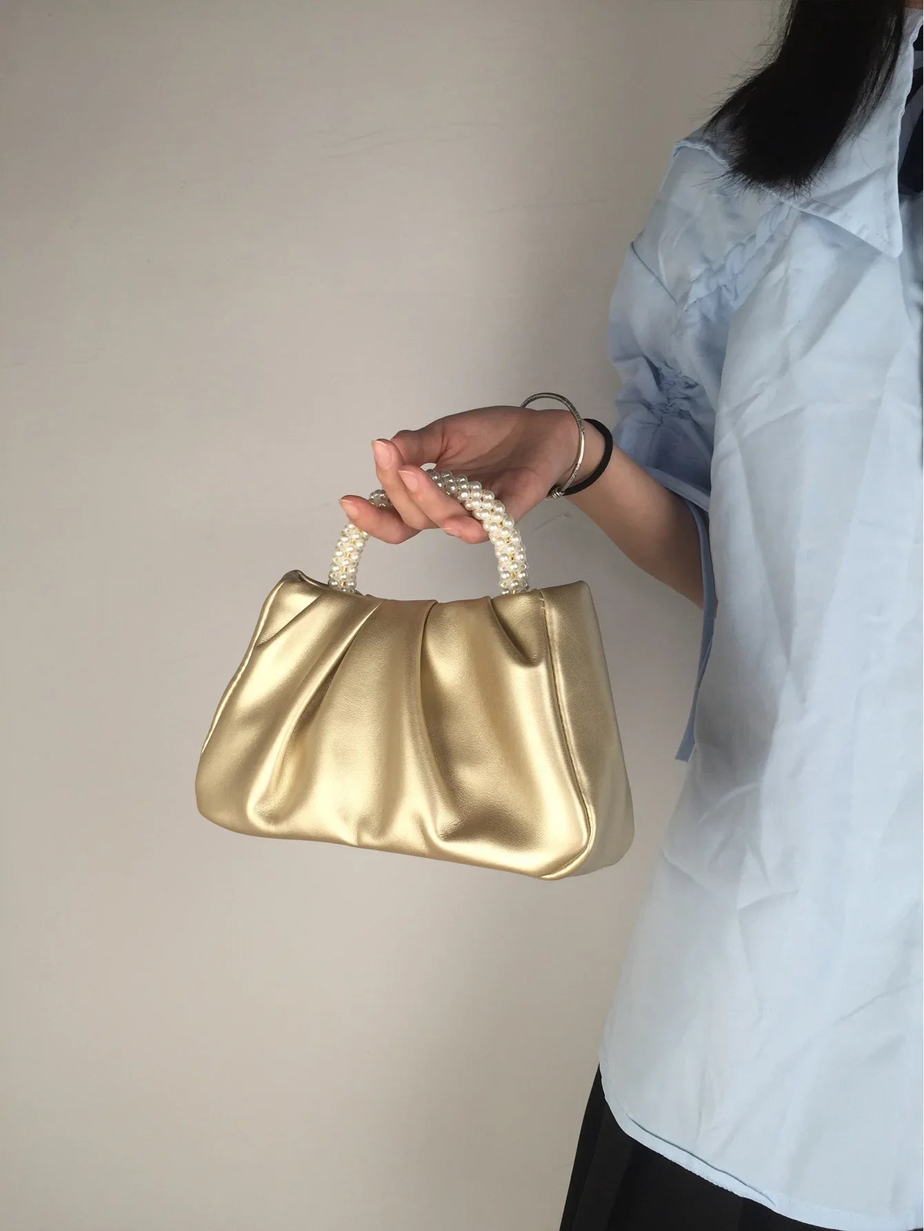 Pearl Handle Women Clutch Purse