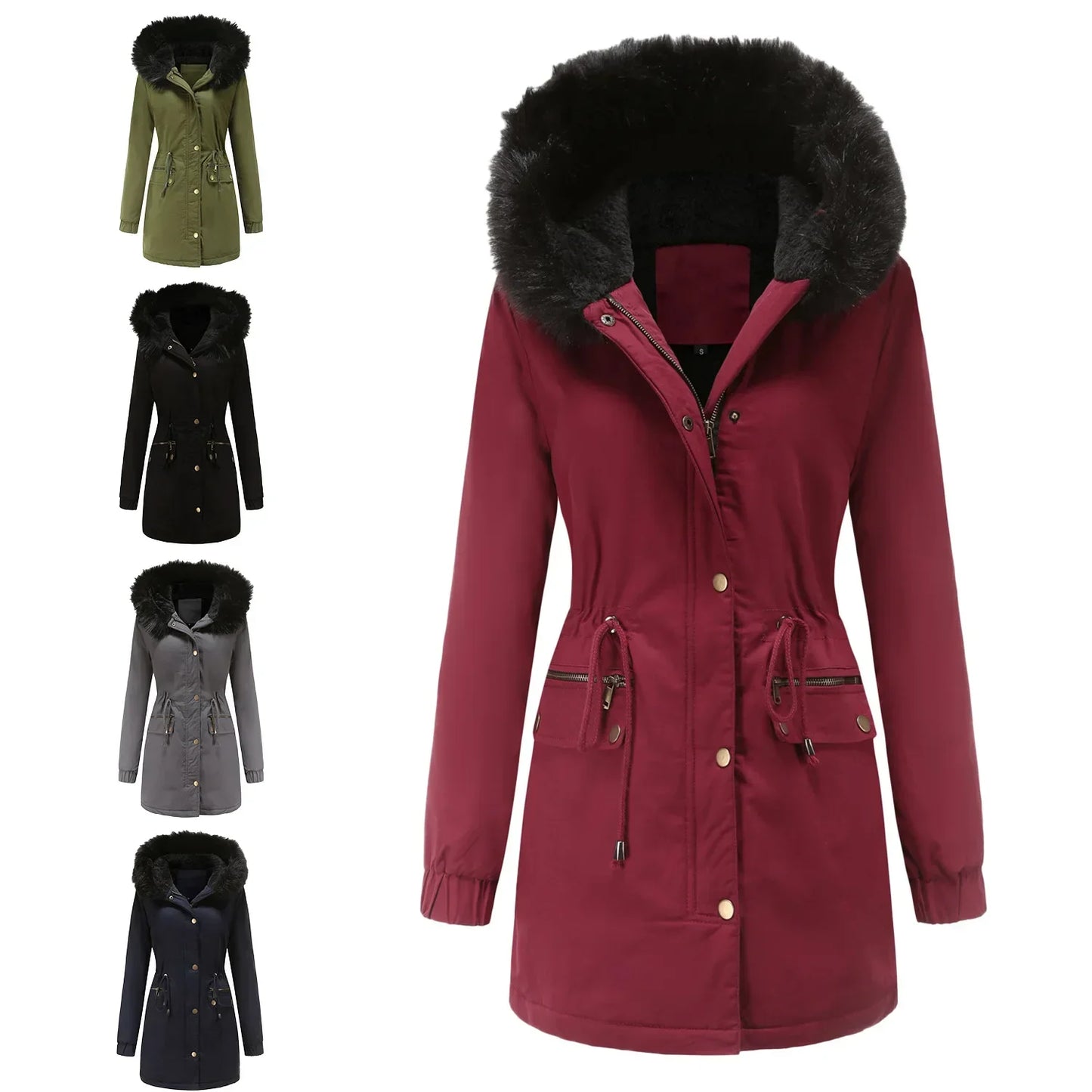 Faux Fur Collar Hooded Jacket Women