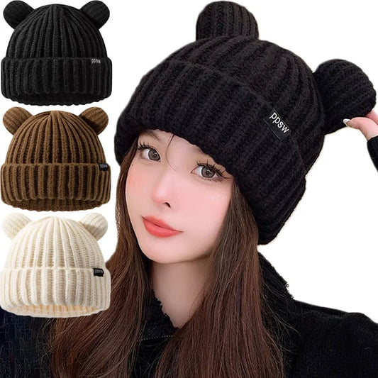 Bear Ear Knitted Wool Hat Women