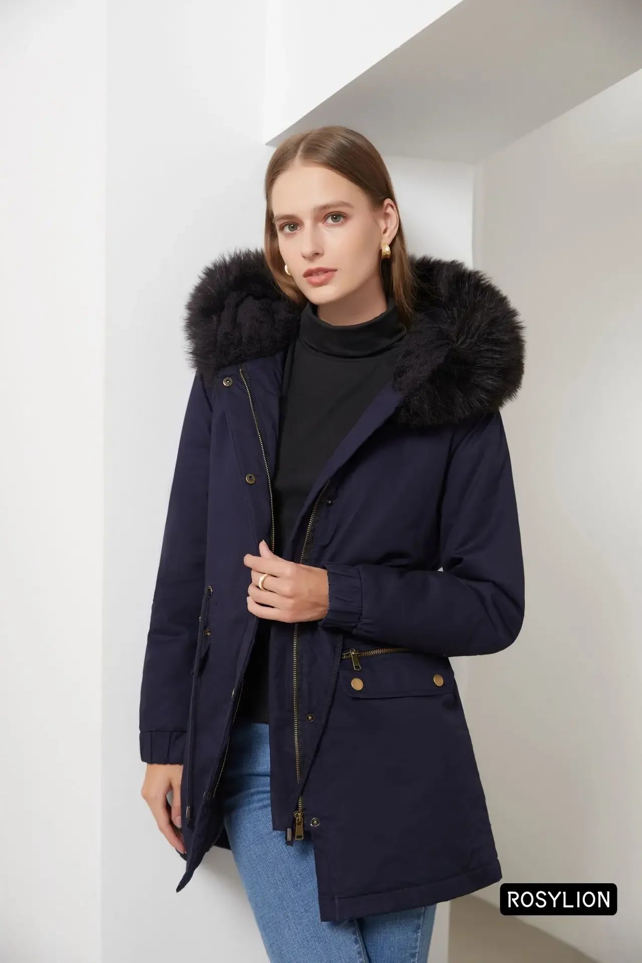 Faux Fur Collar Hooded Jacket Women