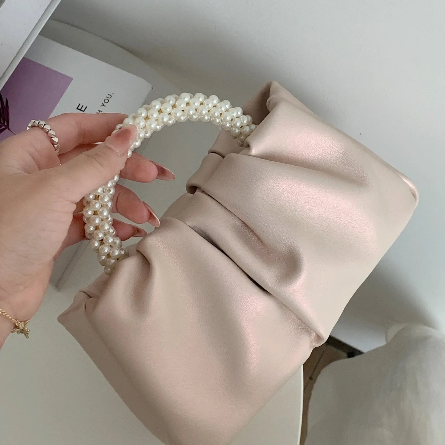 Pearl Handle Women Clutch Purse