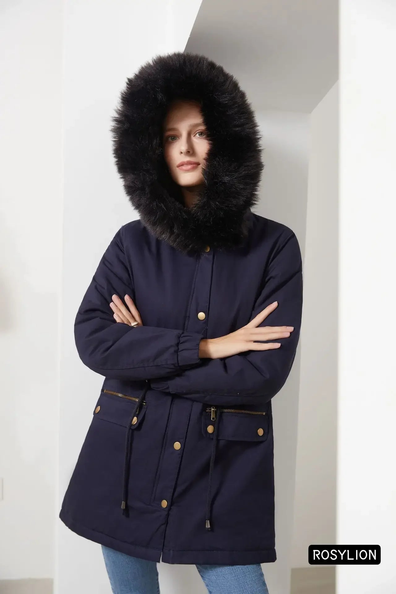 Faux Fur Collar Hooded Jacket Women